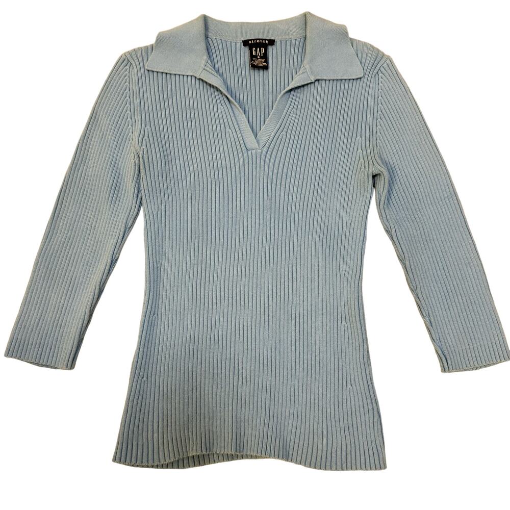 VINTAGE Vtg Y2K 2003 GAP Thick Ribbed Stretch 3/4 Sleeve Polo Collar Size S